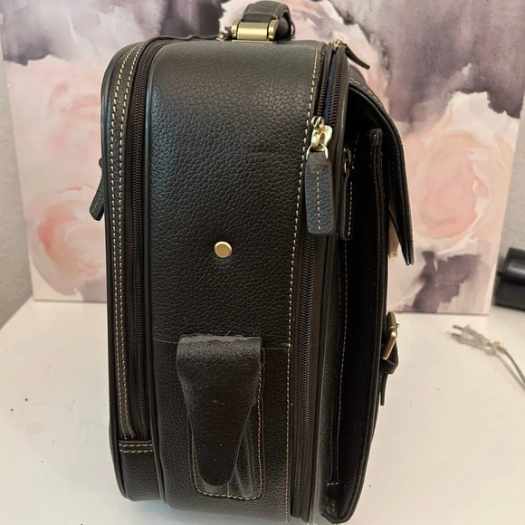 ! Brooks Brothers Genuine Pebbled Leather Trolley Travel Bag Brown And G… - Picture 10 of 11